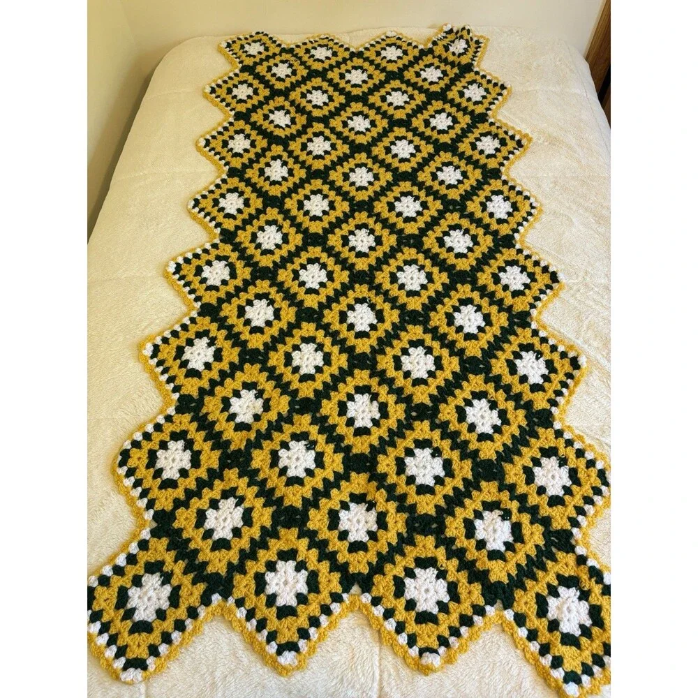 Green Bay Packers Inspired Afghan Granny Square 36x70” Blanket Green Gold EUC